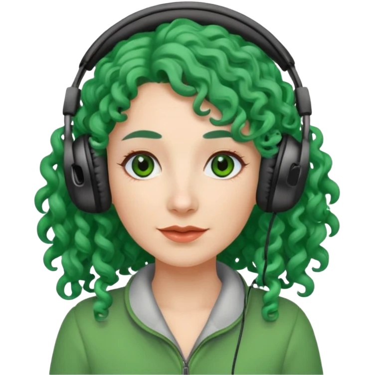 green haired earringed heaphone wearing middle aged woman very very curly long hair emoji