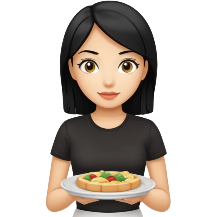 waitress with black hair and a food plate with a black tshirt emoji