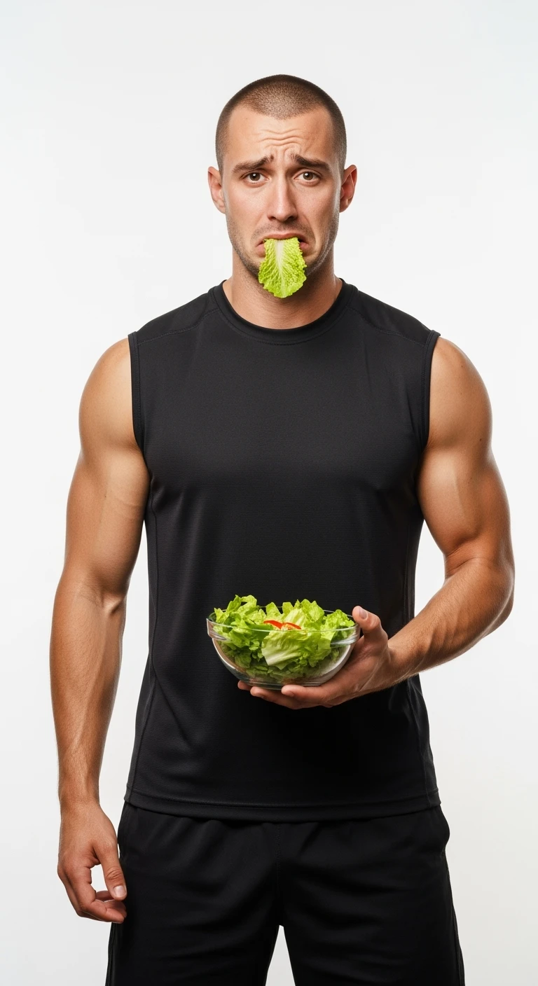 uomo fitness cON INSALATA IN MANO E FOGLIA DI INSALATA IN BOCCA, ESPRESSIONE TRISTE, ISOLATO SU SFONDO BIANCO emoji