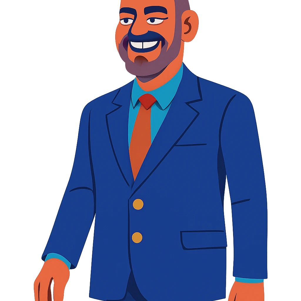 Edi Rama, smiling, vibrant toon style, emphasizing his tall stature and expressive face emoji