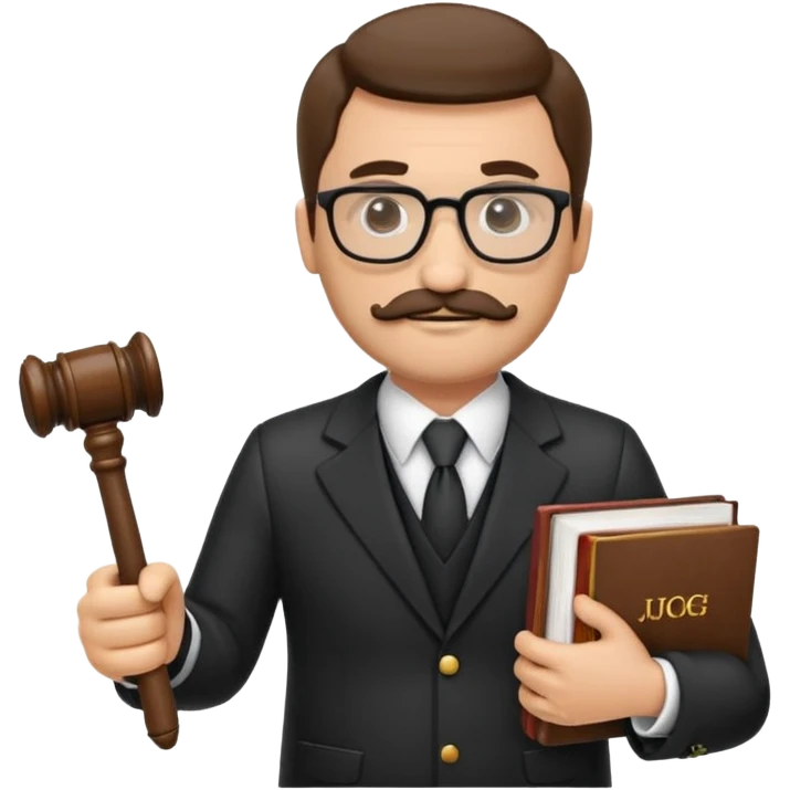 “Create a clean, modern emoji-style illustration of a male lawyer. He is wearing a formal suit jacket. He is holding a judge’s gavel (QUE SE VE DE COSTADO) in one hand and has a law book tucked under his arm. He has a mustache and a short beard, and GLASSES emoji