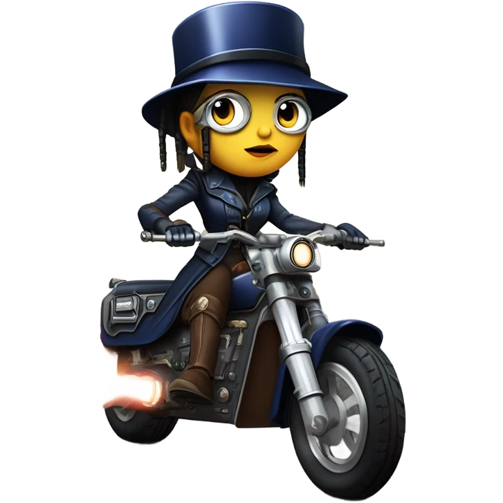 Bounty hunter Wednesday Addams Jedi wearing a pair of navy-blue rimmed steampunk goggles, hat, leather chaps, light saber, fringe jacket riding a distressed sci-fi 3 wheeled steampunk electric motorcycle with fenders and saddlebags on icy road  emoji