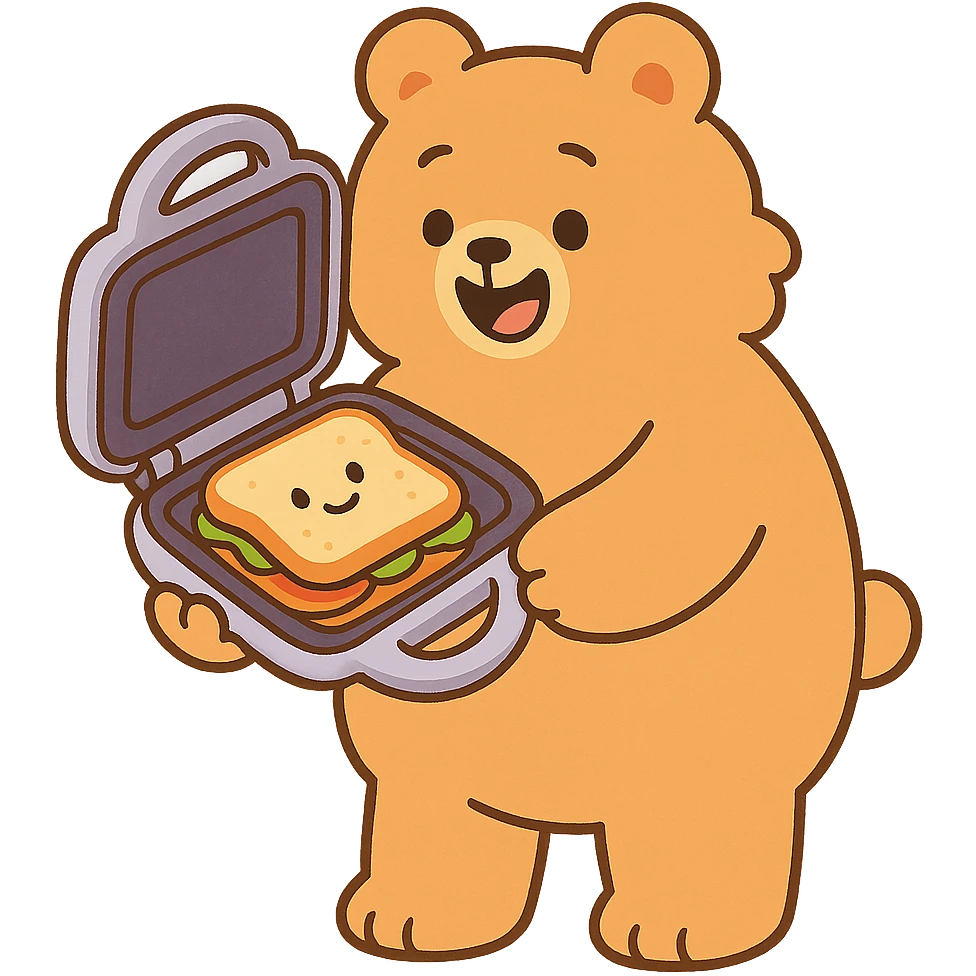 cute soft fluffy sandwich maker bear opening with a cute sandwich inside creamy brown, full-body emoji