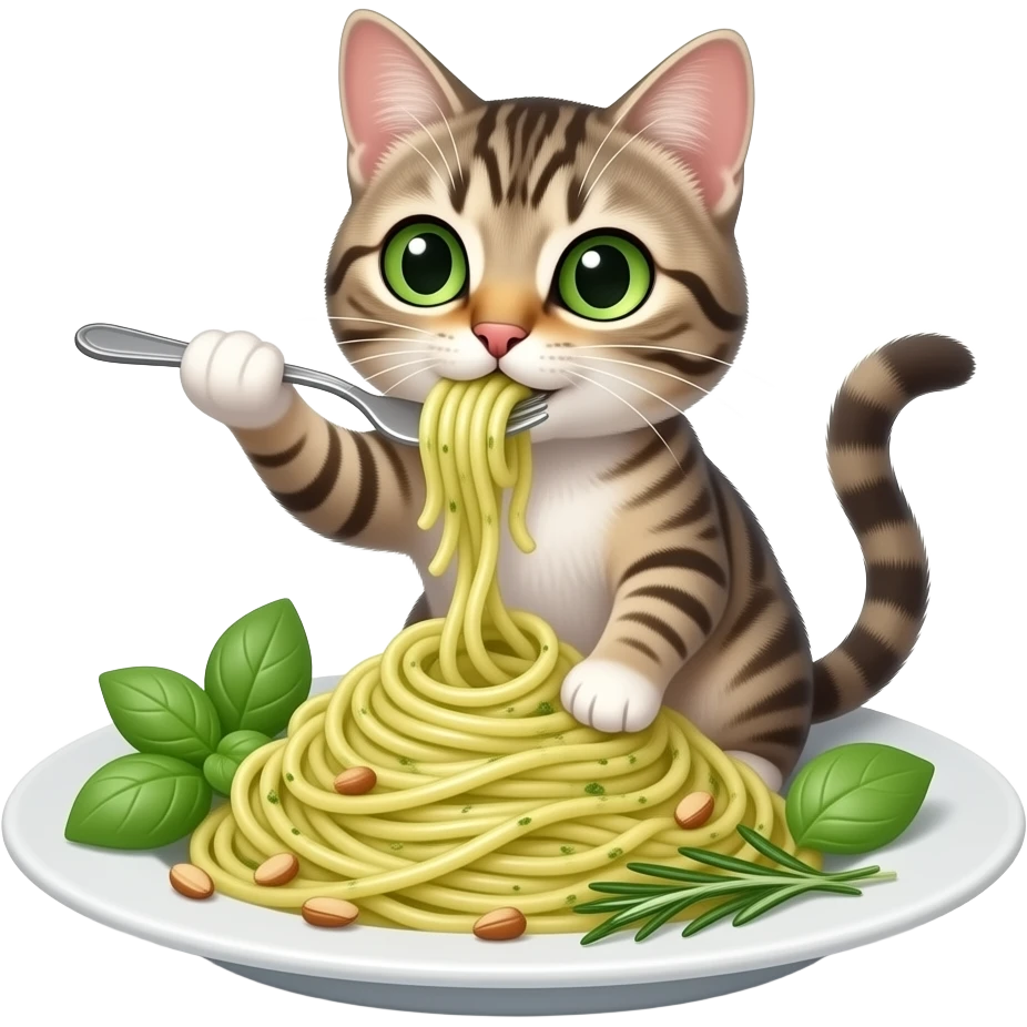 a deli delicious pesto pasta being eaten by a tiny cat emoji