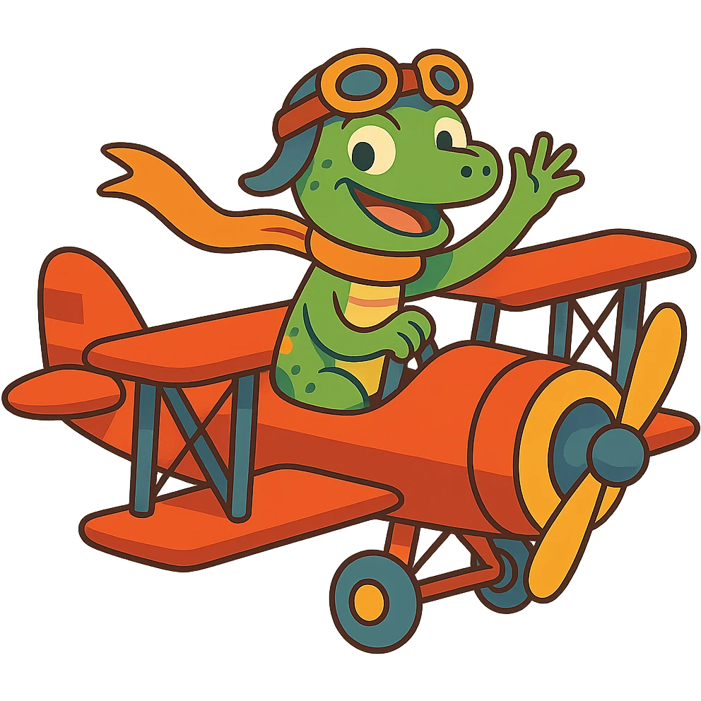 a lizard flying a vintage biplane, smiling, whimsical, cartoon style emoji