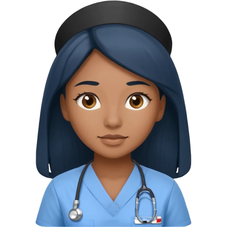 pretty brown skin nurse with long black hair and slanted brown eyes in light blue scrubs emoji