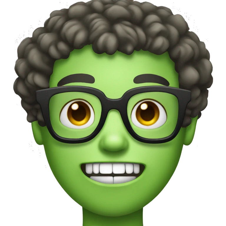Make an Apple emoji, of a green zombie, boy, with curly hair with a black American haircut, prescription glasses with a thin rectangular frame emoji