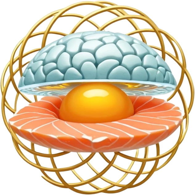 A sparkling crystal brain surrounded by pieces of salmon, a golden egg yolk, and fermented soy floating in a spiral. Thin light beams connect from these foods to glowing points on the brain surface, creating a circuit of expanded focus. emoji