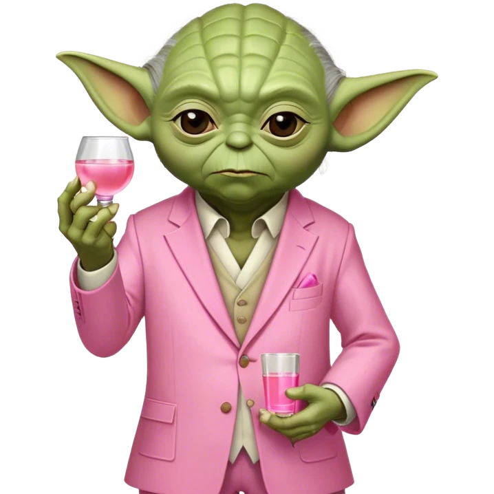 Master Yoda in pink suit, holding just one small pink tequila shot emoji