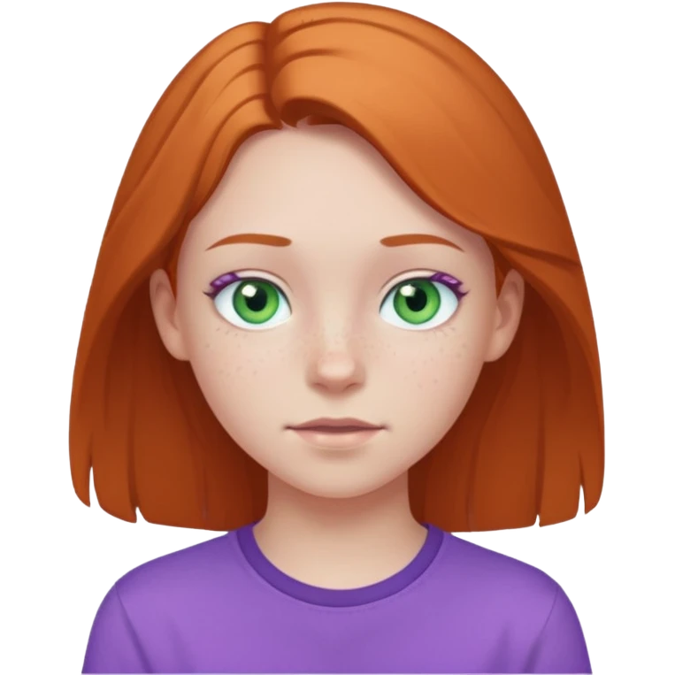 pale white teen girl with light blueish green eyes and freckles and purple shirt emoji