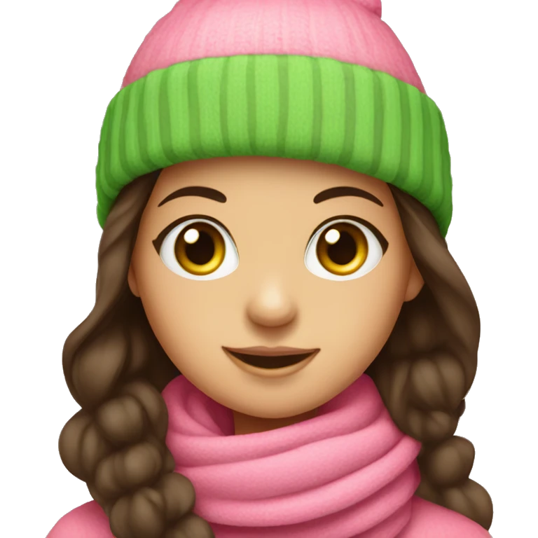 A girl with green eyes and long dark brown hair wearing a pink hat with Pom pom and scarf emoji