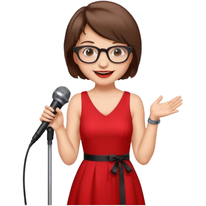singer, Old, brown short hair, holding mic, red dress, glasses emoji