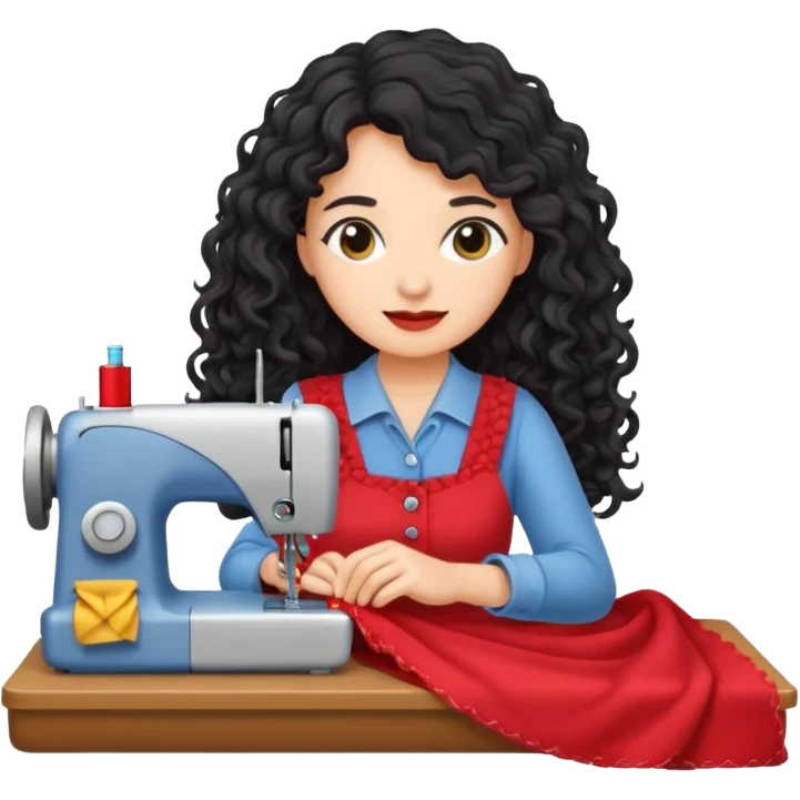 a woman with long curly dark hair sewing clothes emoji