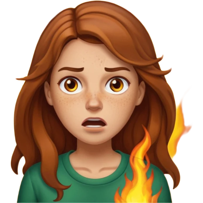 Woman with hair on fire looking stressed and panicked with brown shoulder length hair—longer hair please and light skin—an Irish gal emoji