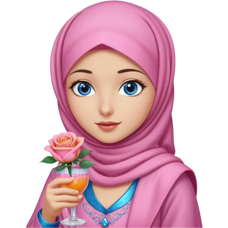Turkish beautiful finish Konya girl blue eyes with  pink hijab islamic dress and had on her hand Glittery rose mocktail with orange light pink roses emoji