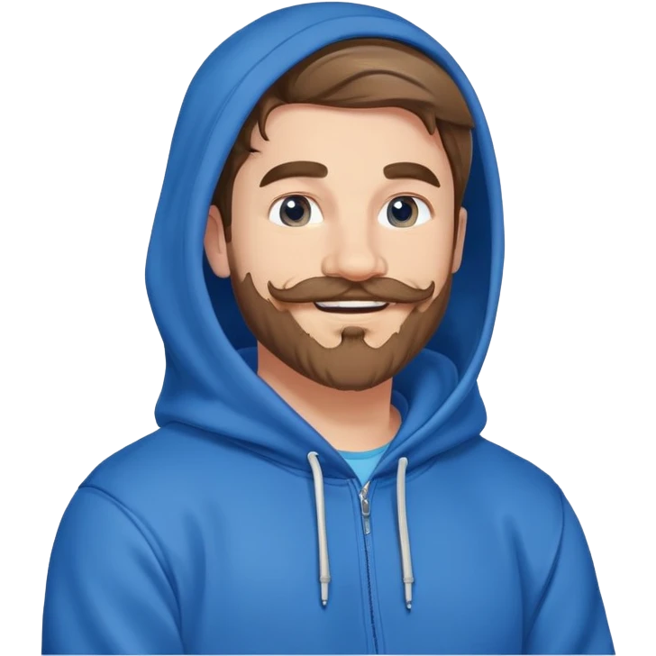 Mr. Beast wearing a blue hoodie, mustache and beard, big friendly smile emoji