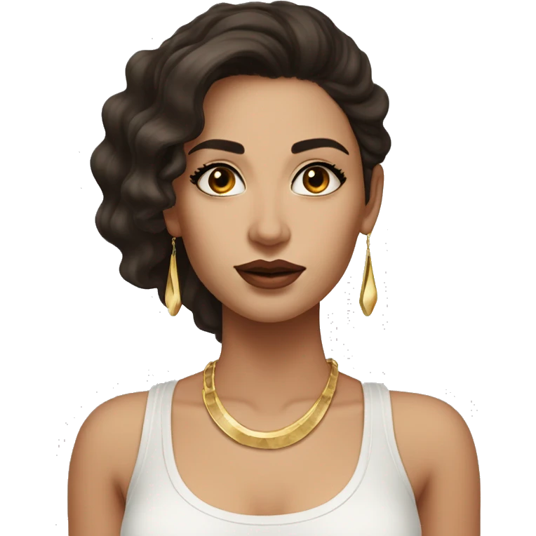woman with long wavy dark brown hair, big dark brown eyes with thick eyelashes, thick round lips wearing a white tank top and gold earrings white sking and she is young and the hair is between wavy and straight emoji