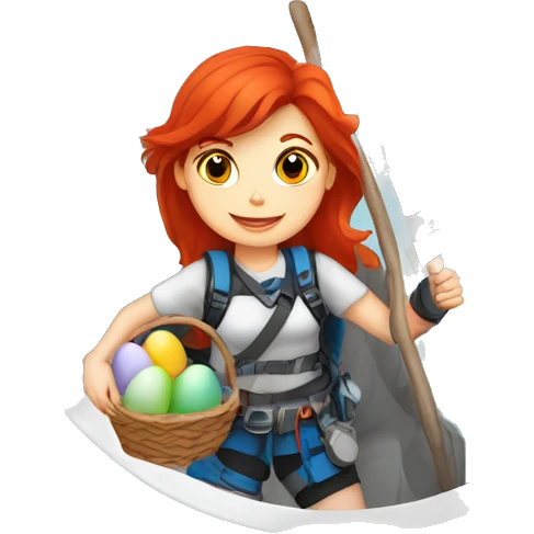 Female mountain climber red hair climbing with Greek flag and holding Easter eggs basket emoji