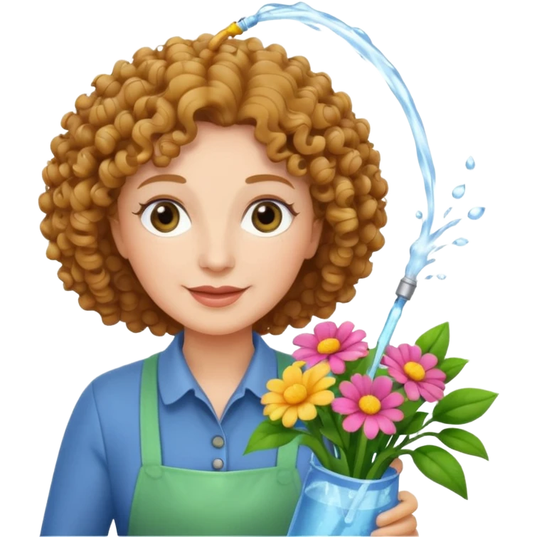 Older female florist – curly hair, spraying water on fresh flowers emoji