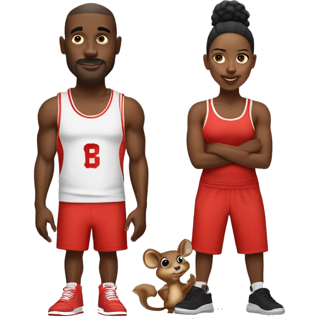 black man with black eyes riding a squirrel he has red basket ball shorts on and a black wife beater with red and black jordans  emoji