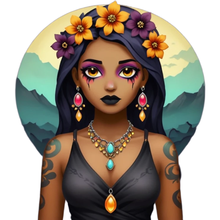 Multicolored gloomy moonshine dark edgy spooky hot warm badass realistic floral exotic Falvie-Fionbri-animal, full body, wearing jewelries emoji