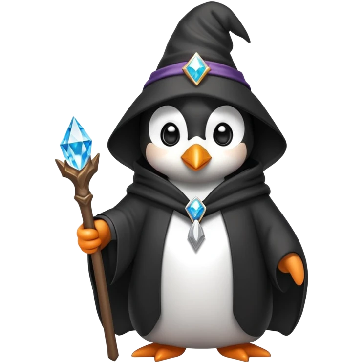 A cute penguin dressed in a wizard robe holding a diamond staff emoji