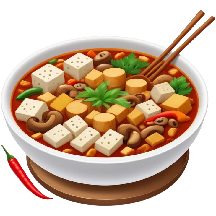 Chengdu Maocai spicy assorted ingredients in bowl, simplified emoji style with bold outlines and bright colors, cartoon style Sichuan street stew emoji