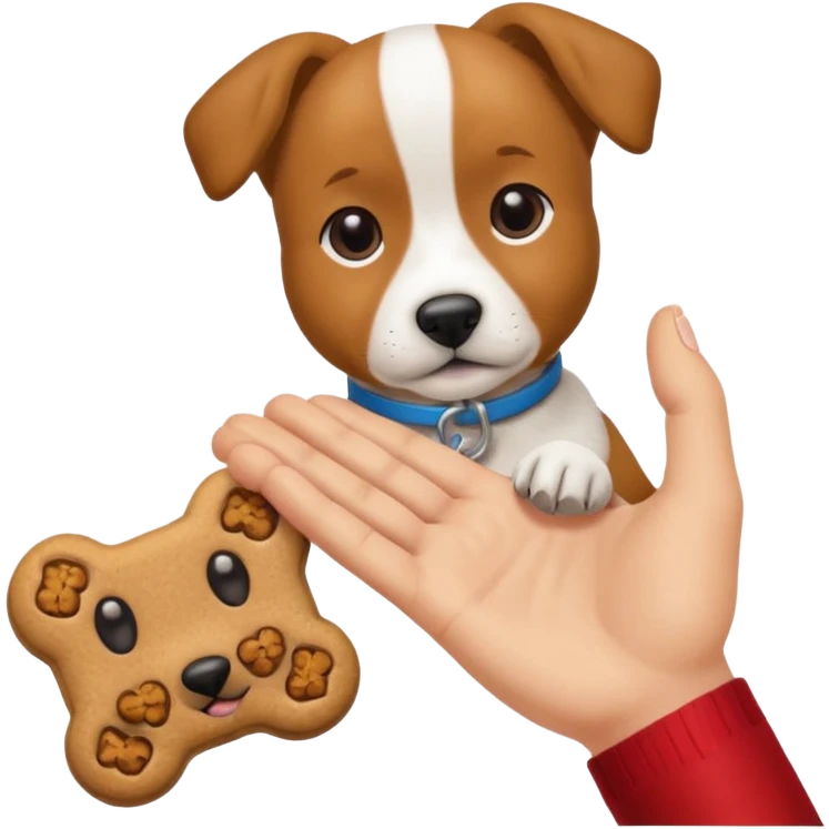 trainer hand holding a treat in front of a dog emoji