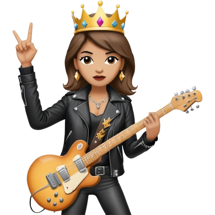A rock and roll queen with a crown, electric guitar, and leather jacket making a rock gesture emoji