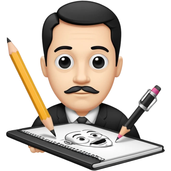 Create an icon representing the process of creating a black-and-white caricature. Include a pencil, a sketchpad with a humorous, exaggerated figure, and inking tools. Use bold lines and shading, with a transparent background. emoji