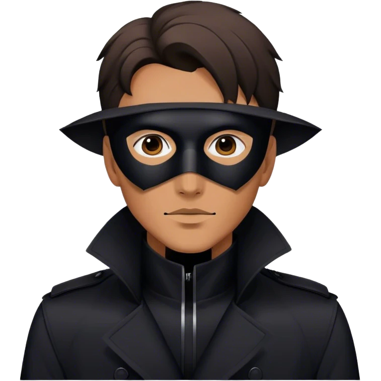 man with a black trench coat and a black geometric mask emoji