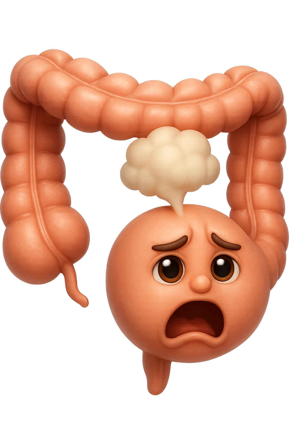 emoji stile iphone di un intestino che ingoia una nuvoletta di aria ben visibile e gli si gonfia la pancia, non fargli il naso, iperrealistico 4k emoji