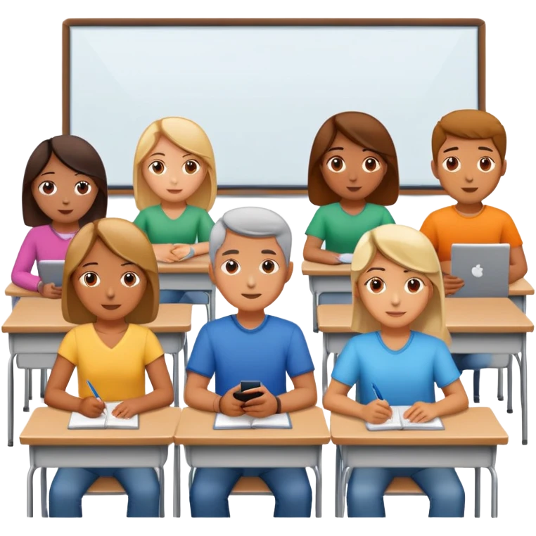 adults sitting in a classroom facing a screen emoji