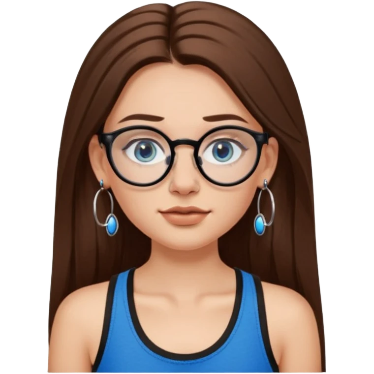 White girl with long brown hair, part going more to the RIGHT side, BLUE eyes, wearing BLACK plastic frame glasses. SEPTUM nose piercing hoop (at bottom of nose) AND stud nose piercing on right side of nose. Wearing BLACK tank top. Wearing big hoop earrings. No necklace! emoji
