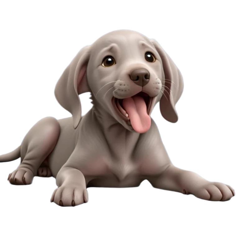 cinematic-cute-yawning-weimaraner puppy-portrait-emoji,-head-tilted-slightly-with-a-dramatic,-wide-open-yawn,-revealing-a-sleek grey fur-with-a-subtle-shimmer,-floppy-ears-slightly-drooping,-round-brown-eyes-barely-open-in-drowsy emoji