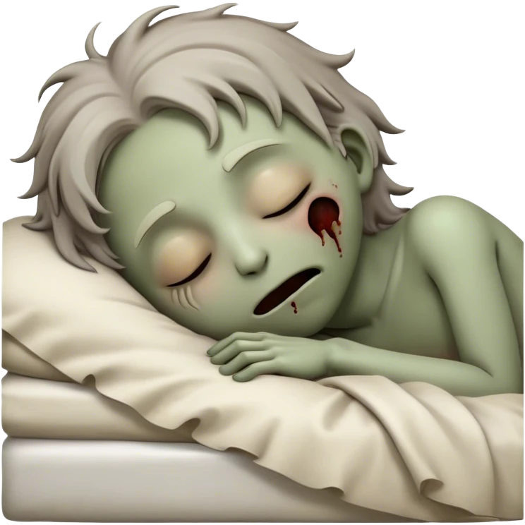 Meme-Worthy Cute Sleeping Zombie Portrait Emoji, with a delightfully quirky, slightly disheveled decaying face in soft ashen hues, head tilted back in peaceful, relaxed sleep with softly closed eyes and a tiny, endearing smile, simplified yet irresistibly charming, highly detailed with a soft eerie glowing outline that captures the gentle, unexpected cuteness of a zombie in serene repose! emoji