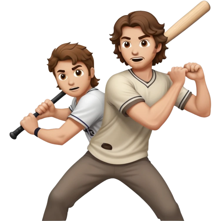 white guy with brown wavy hair holding a baseball bat attacking  another man facing him emoji