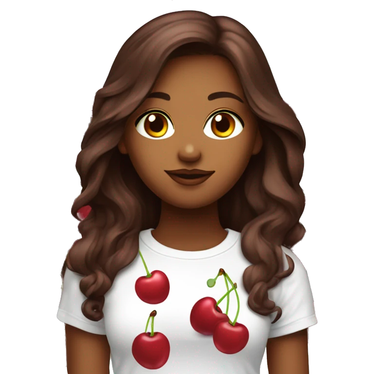 Dark cherry red long hair beautiful woman wear white t-shirt with cherry print  emoji