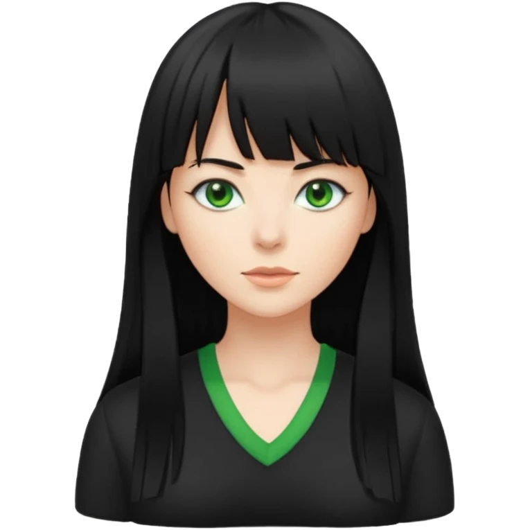 A white woman with Long straight hair with bangs, black hair, green eyes and a low-cut shirt emoji