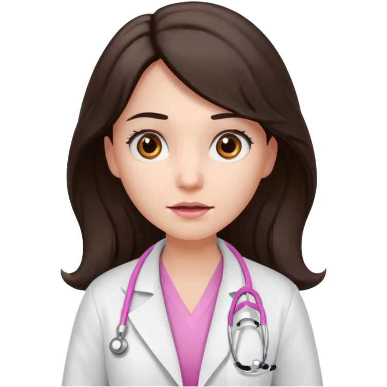 Barbie like emoji of a woman with white skin long wavy dark brown hair, brown eyes wearing a white lab coat and pink stethoscope and with a scared look emoji