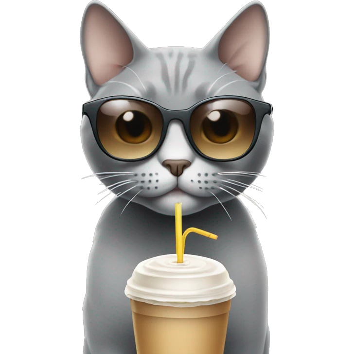 Grey Cat with iced coffee wearing sunglasses emoji