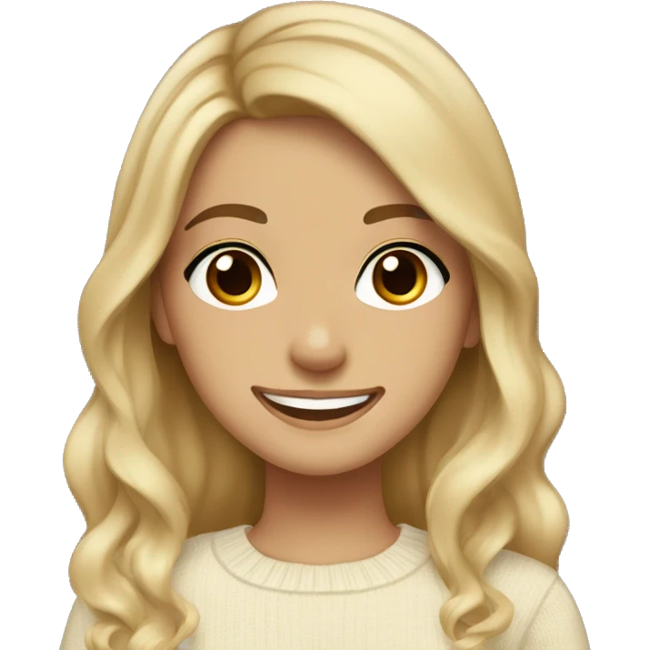 Girl with brown eyes, medium skin, long slightly wavy hair with dark brown roots with blonde ends wearing a cream jumper smiling happy  emoji
