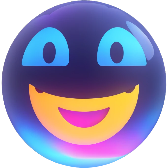 Floating holographic orb with a soft glow — a little futuristic, with a smiling face projected onto the surface. emoji