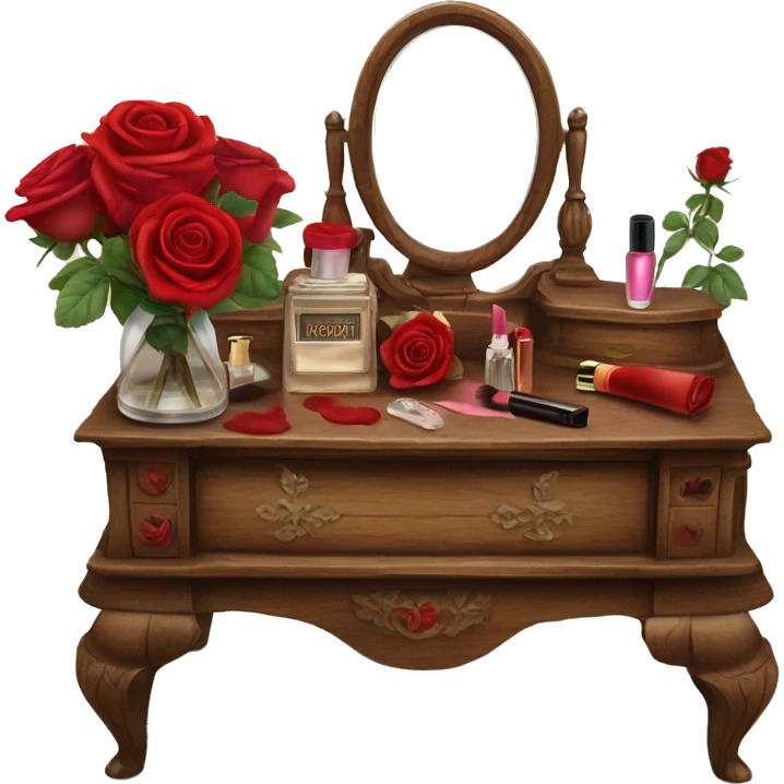Old wood vanity with red roses vintage makeup and perfume  emoji