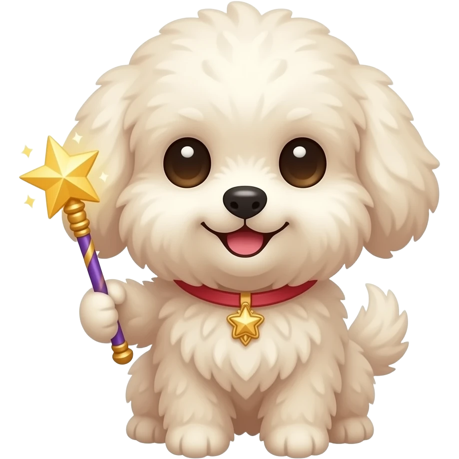 Very small fluffy cutty dog, for profile, look front, holding magic stick emoji
