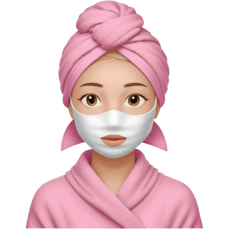 Clean girl influencer character, chest-up portrait, wearing a pink towel wrapped around the head, facial skincare mask on face, relaxed confident expression, soft glow skin, minimal chic aesthetic, subtle beauty accessories, calm self-care vibe emoji