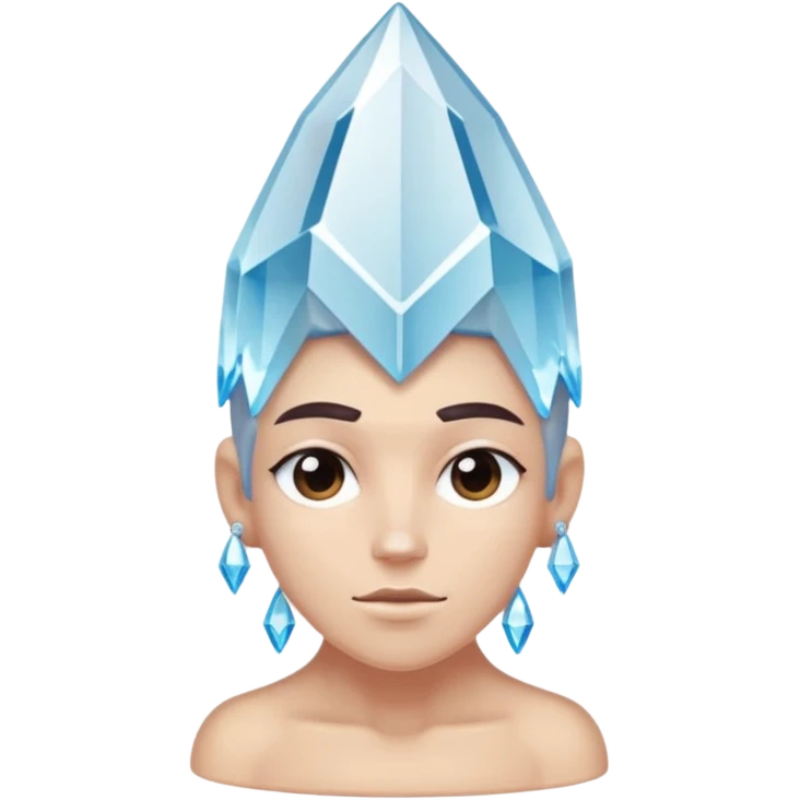 A single crystal character inspired by a clear quartz cluster, chunky base with many tall transparent crystal spikes growing upward all around it with a face emoji