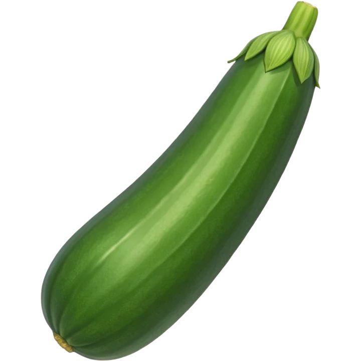 single zucchini, elongated and slightly curved, smooth dark green skin, light striations, stem end, fresh and raw, glossy, 3D-rendered, minimal, no faces, transparent background emoji