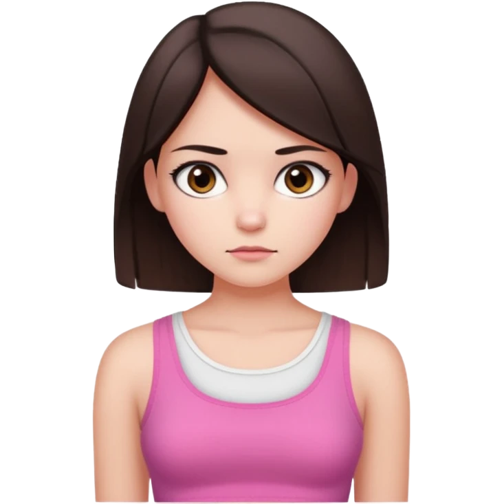 Koyu kahverengi orta boyda düz saçlı  çok koyu kahverengi gözlü pembe beyaz crop tişört kıyafetli  açık tenli kız duygusuz koyu kahverengi gözler emoji