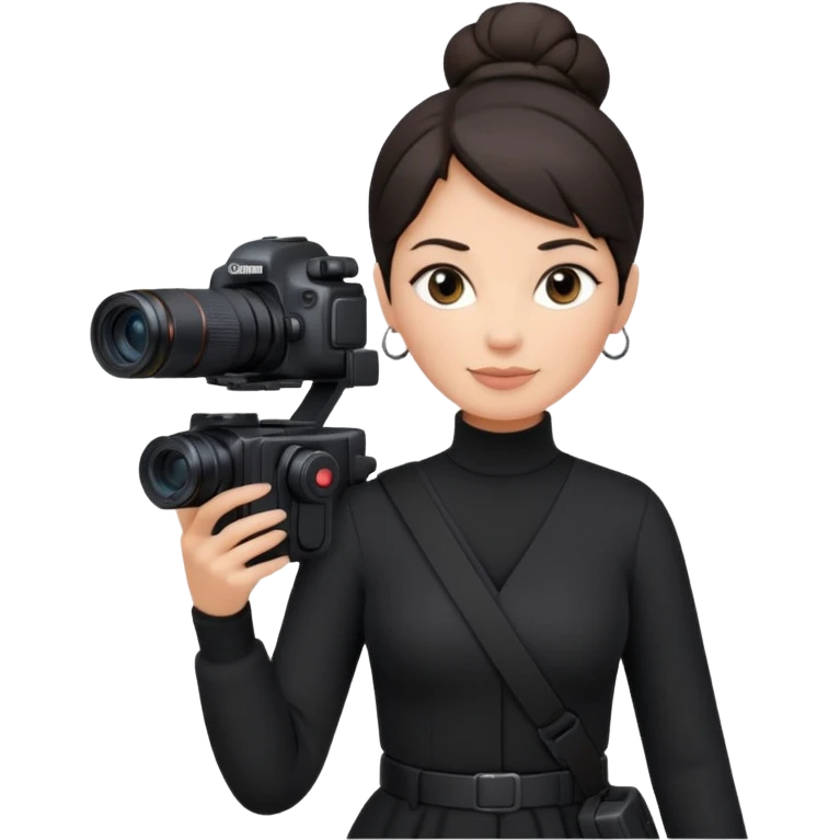 middle aged woman photographer with dark hair in a bun, wearing black clothes, carrying a canon r5 and an iPhone on a gimbal emoji